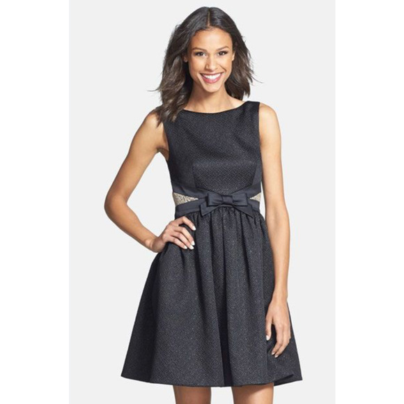 Erin Fetherstone Womens Black Fit Flare Dress Bow Lace Trim Back Zip Size 6 NWT - Picture 1 of 16